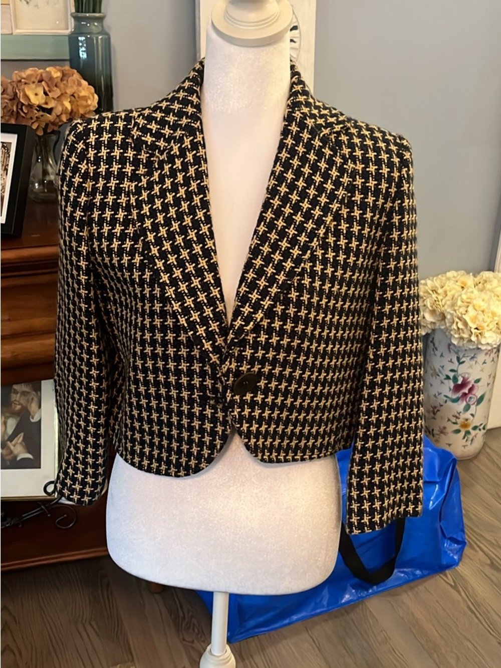 Tailored Black and Cream Cropped Tweed Blazer